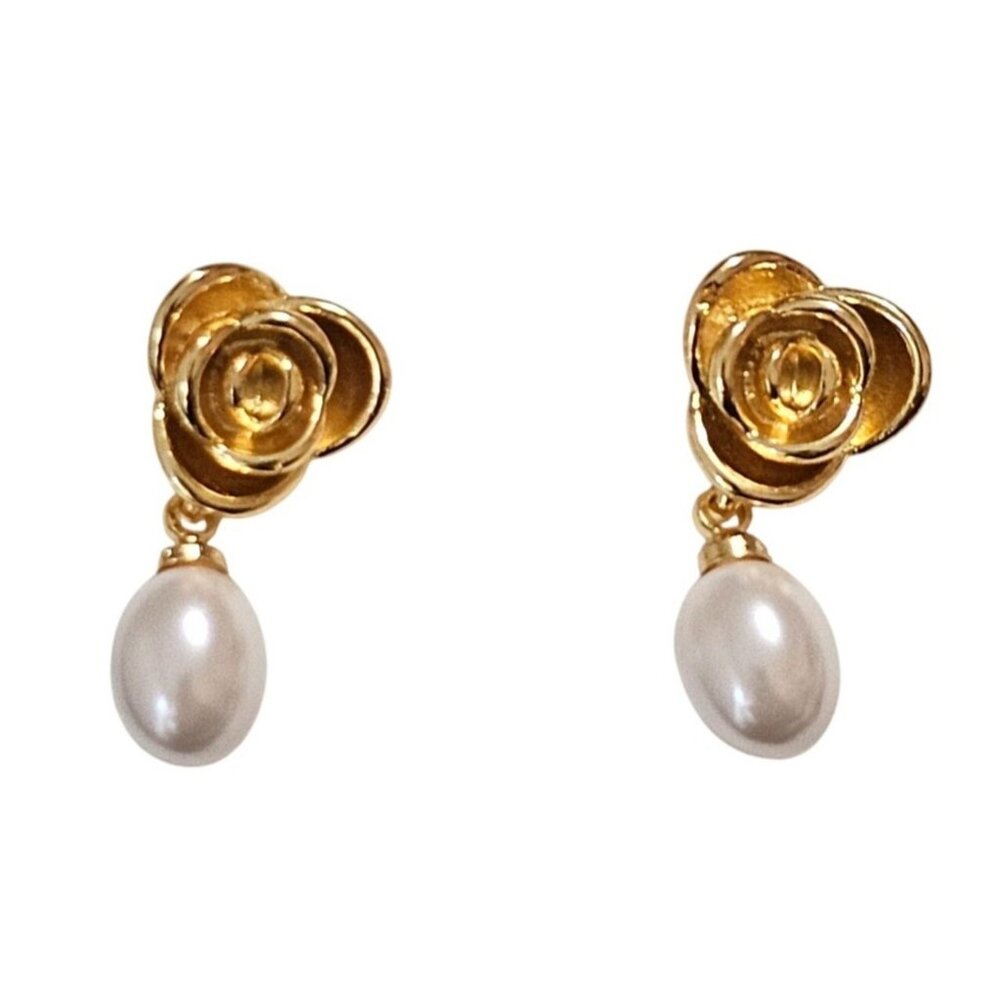 Gold Tone Rose Flower Faux Pearl Drop Earrings‎ Floral Dangle Bridal Jewelry
